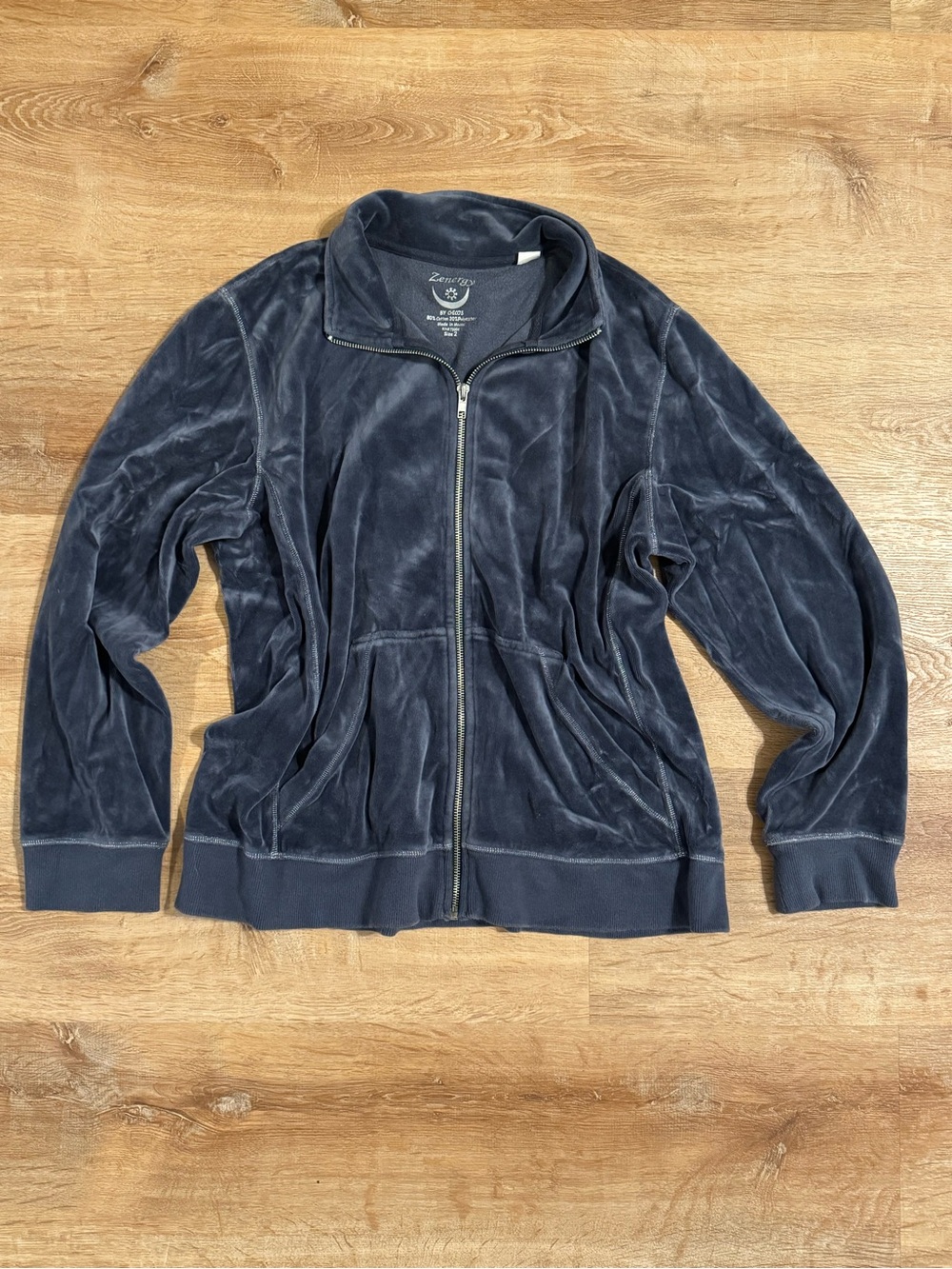 Chico’s Zenergy Blue Velour Zip Jacket Size 2 L Y2K